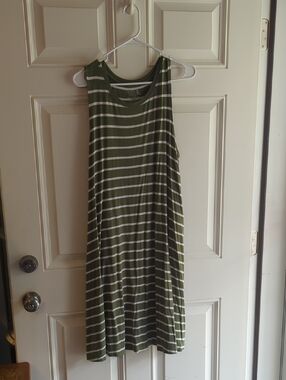 Time and Tru Olive Green and White Striped Sleeveless Dress